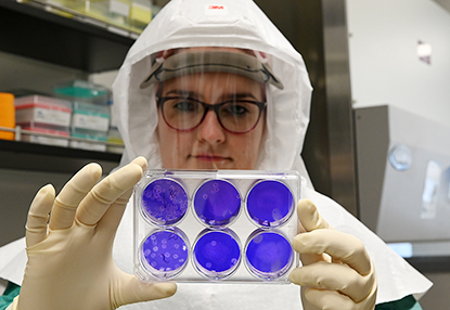 Postdoctoral Fellow Mariya Goncheva looks at a plate from behind full PPE inside the ImPaKT Facility